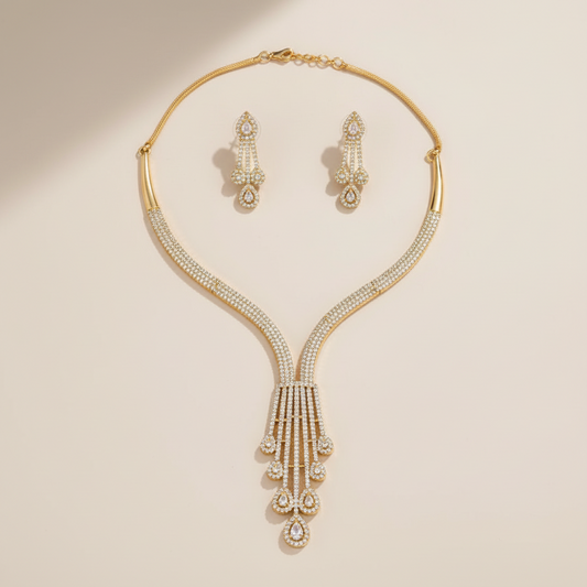 Golden Dhwani American Diamond Hasli Necklace set