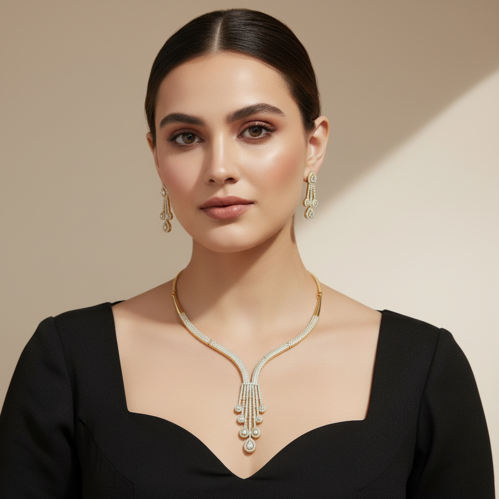 Golden Dhwani American Diamond Hasli Necklace set