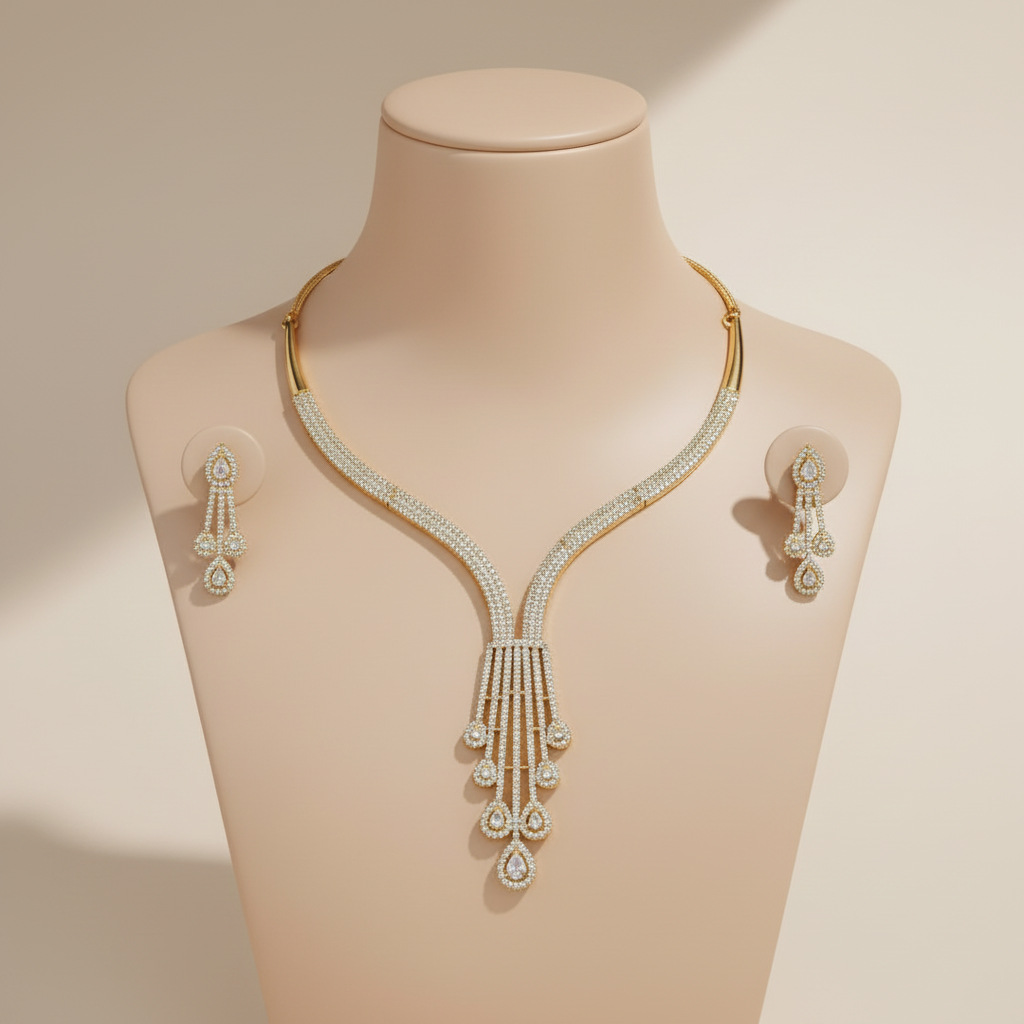 Golden Dhwani American Diamond Hasli Necklace set