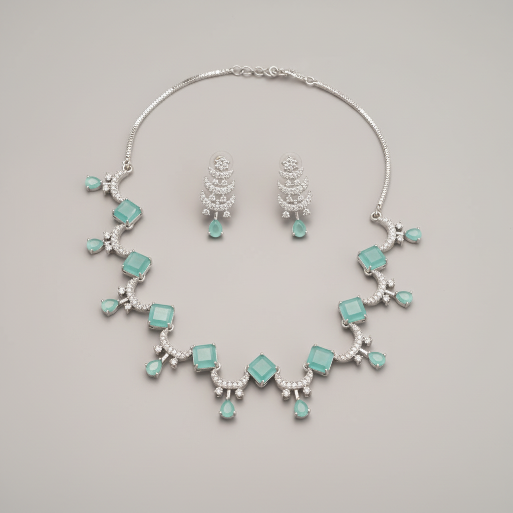 Turquoise Bhuvaneshwari American Diamond Necklace set