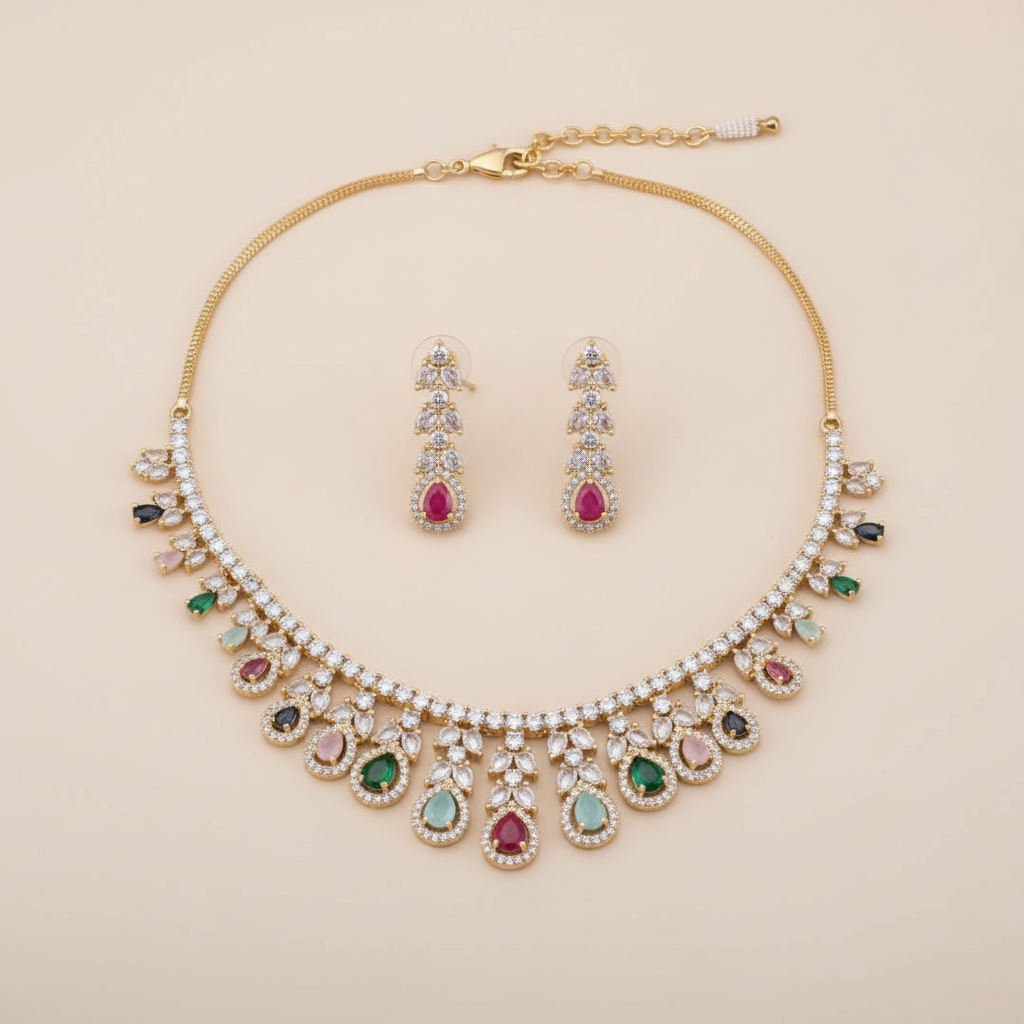 Multicolor Charulata American Diamond Necklace set