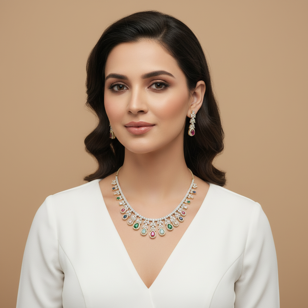 Multicolor Charulata American Diamond Necklace set
