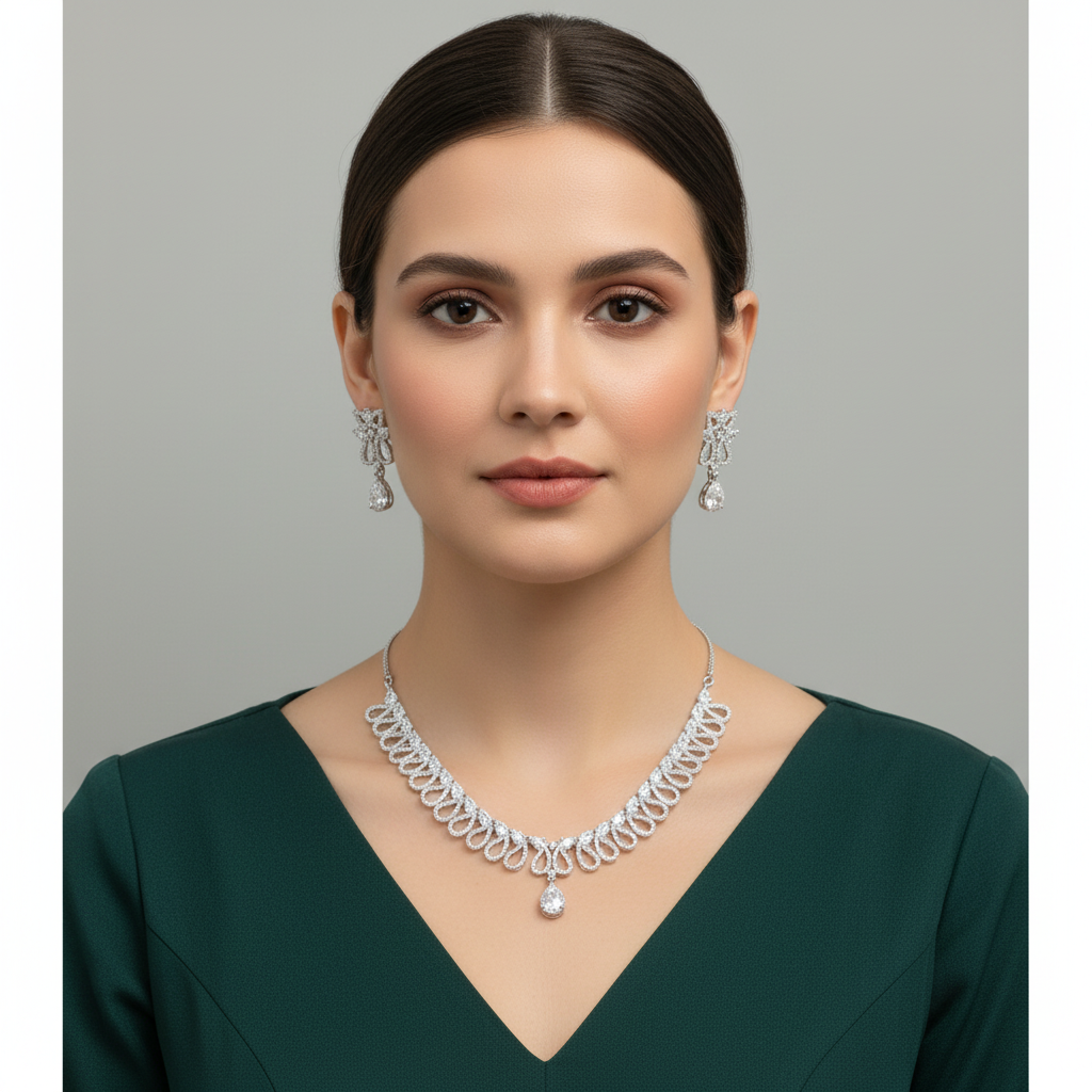 Silvery Manjusha American Diamond Necklace set
