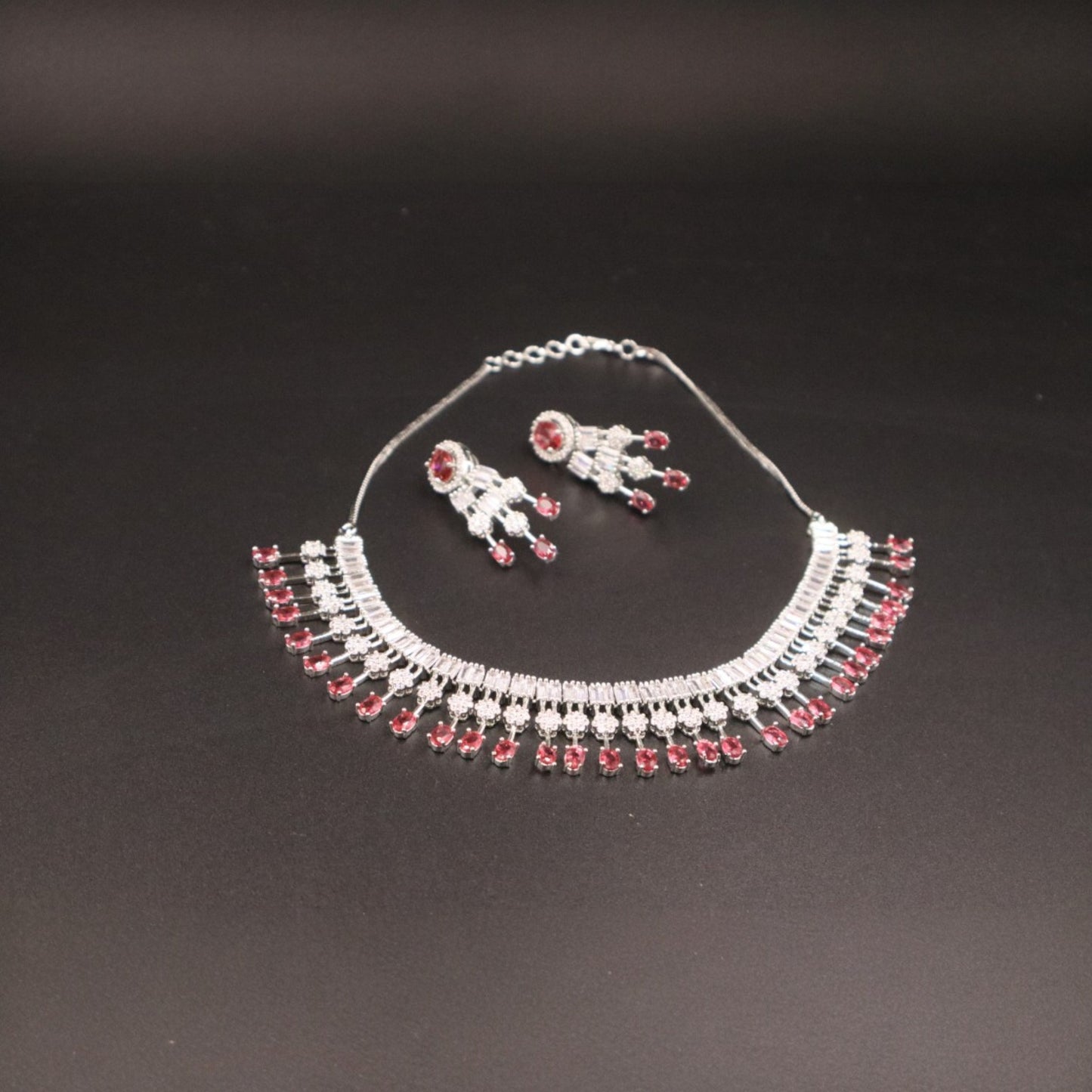 Dark Pink Devyani American Diamond Necklace set