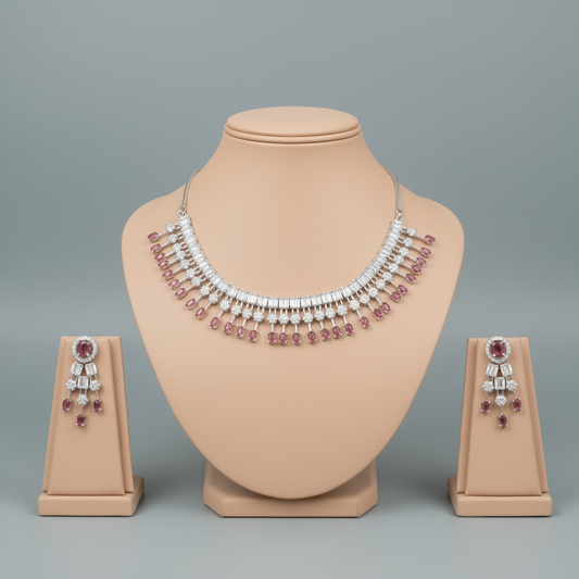 Dark Pink Devyani American Diamond Necklace set
