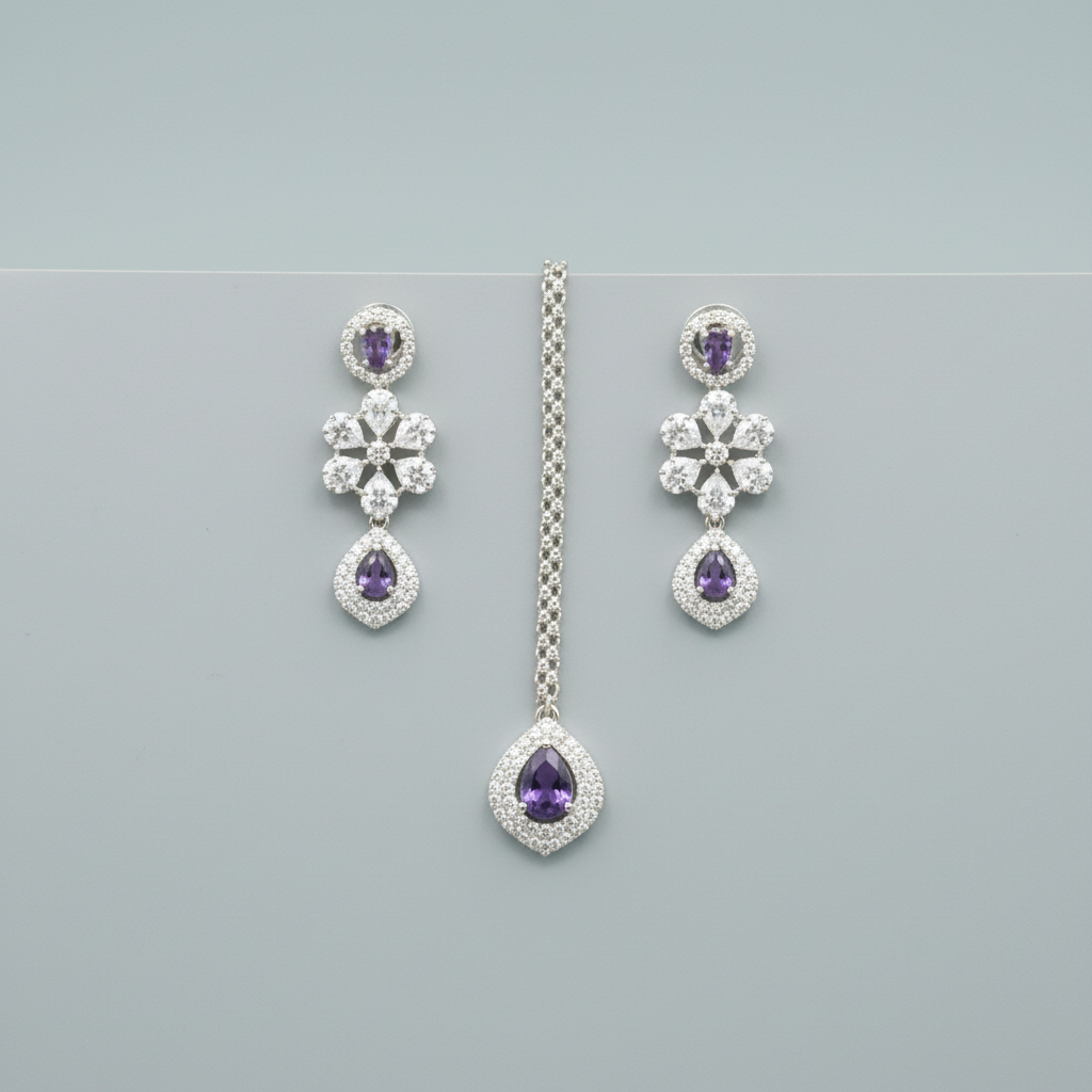 Purple Manjari American Diamond Necklace set with Maangtika