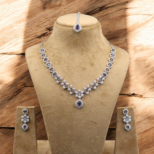 Purple Manjari American Diamond Necklace set with Maangtika