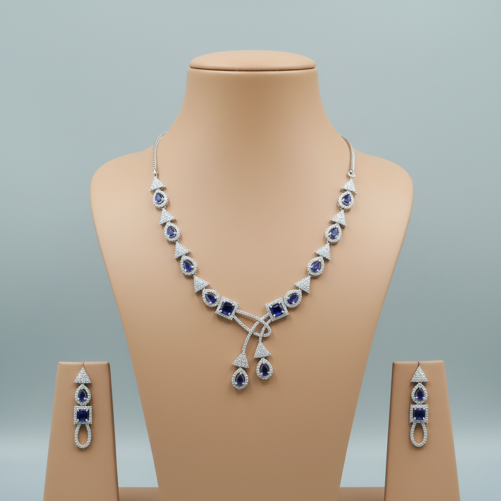 Royal Blue Parijat American Diamond Necklace set