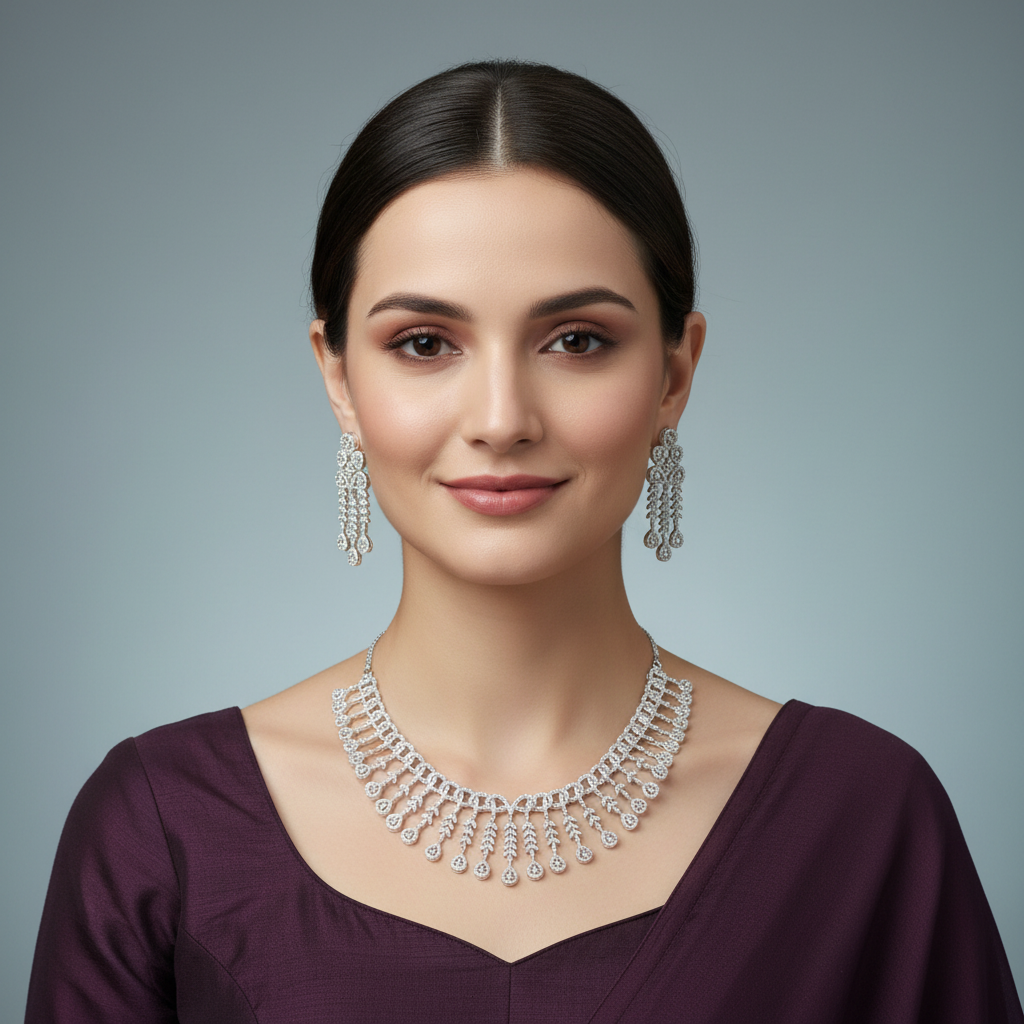 Silvery Satyavathi American Diamond Necklace set