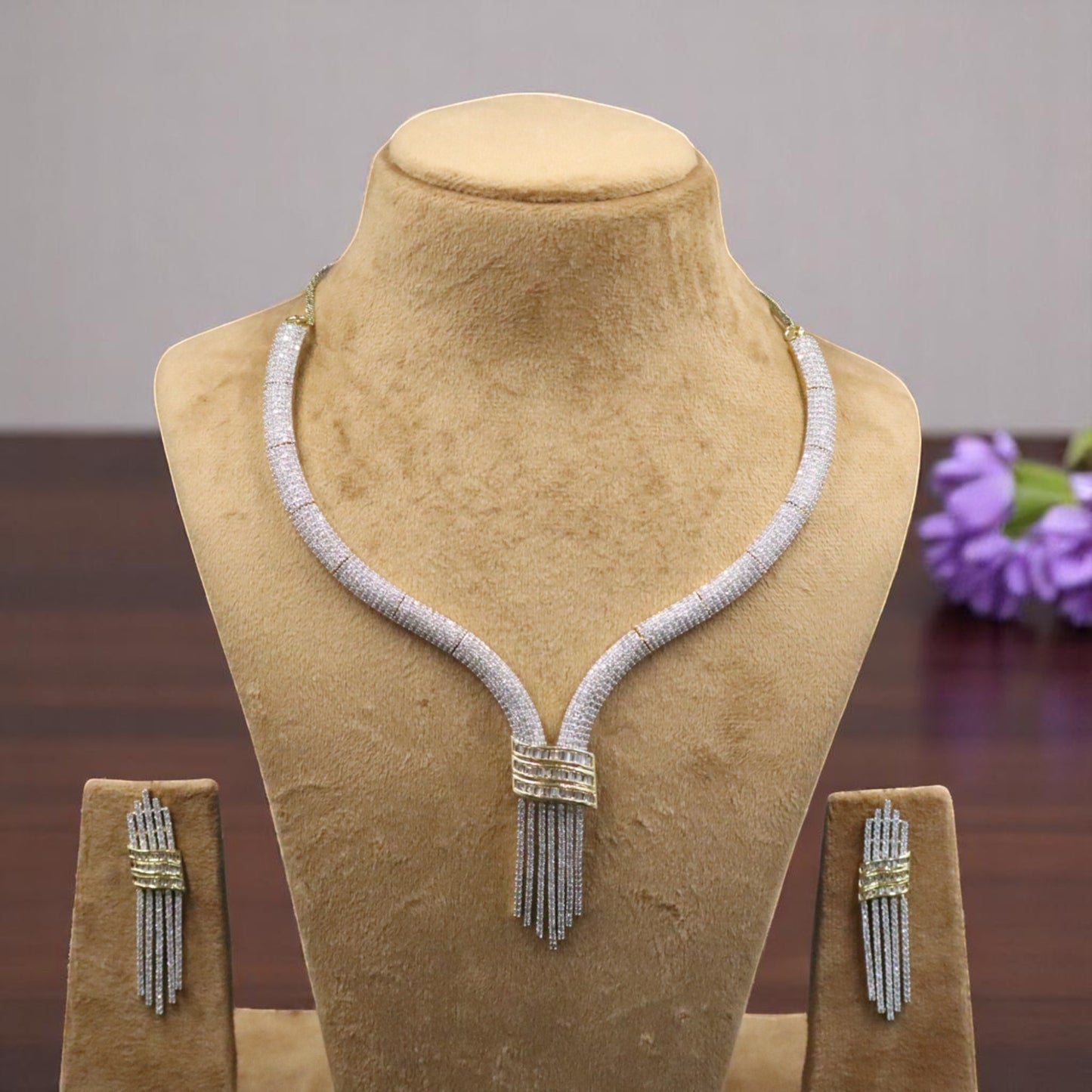 Golden Chandralekha  American Diamond Hasli Necklace set