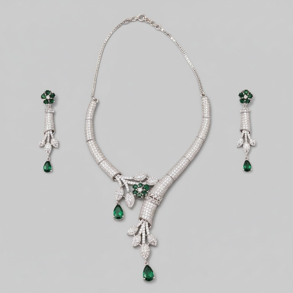 Emerald Mrinalika American Diamond Hasli Necklace set