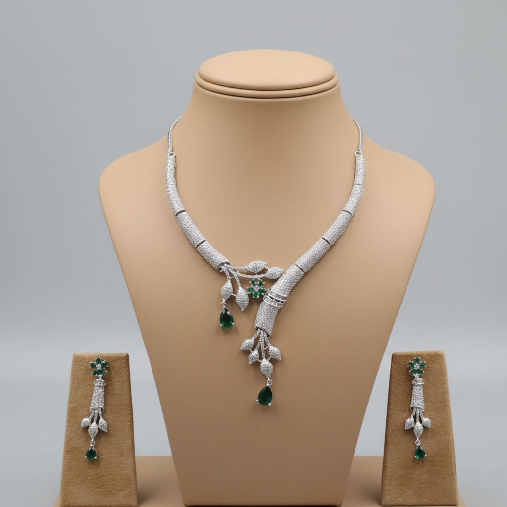 Emerald Mrinalika American Diamond Hasli Necklace set