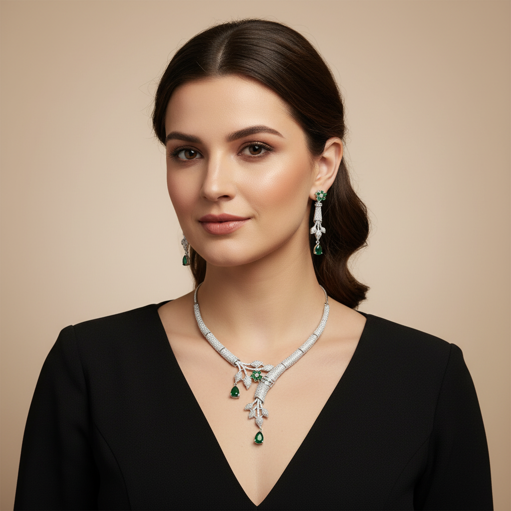 Emerald Mrinalika American Diamond Hasli Necklace set