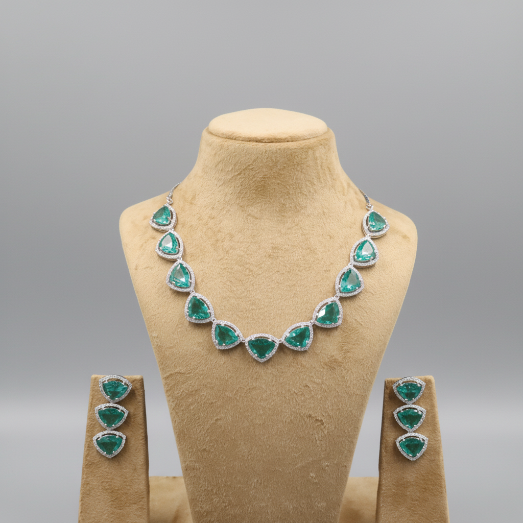 Sea Green Apsara American Diamond Necklace set
