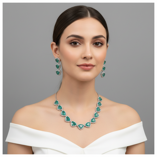 Sea Green Apsara American Diamond Necklace set