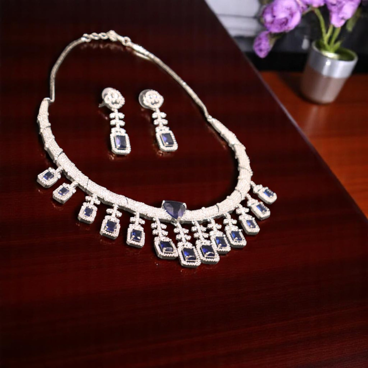 Royal Blue Anupama American Diamond Hasli Necklace set
