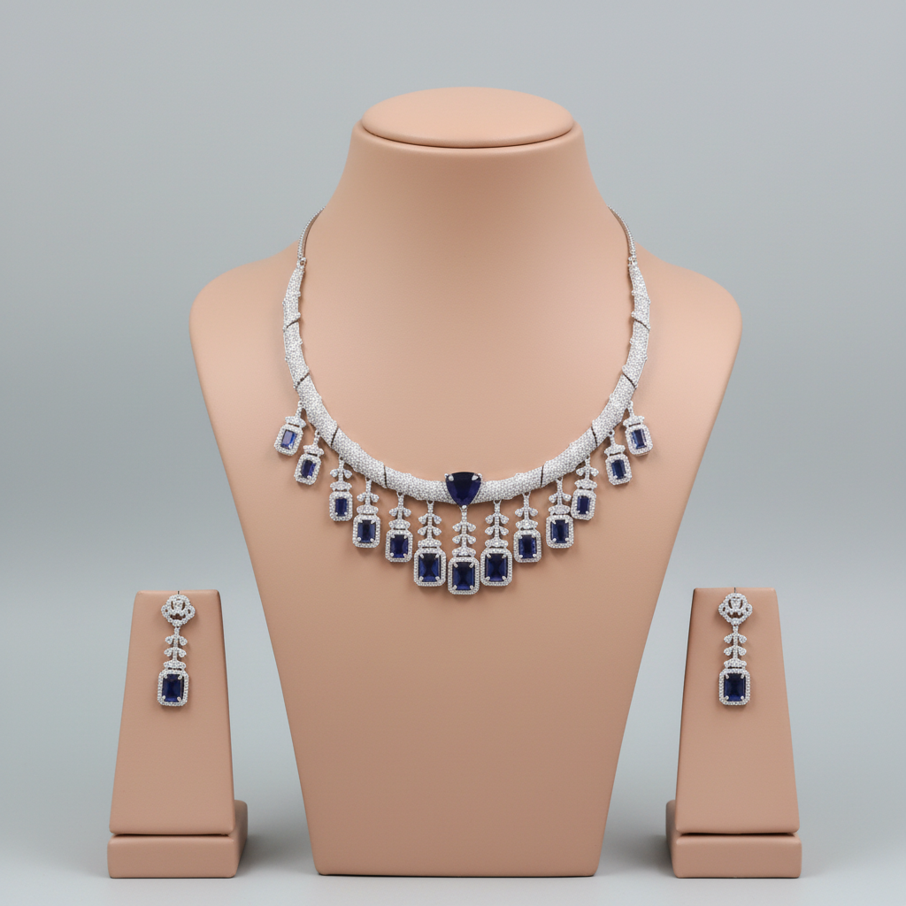 Royal Blue Anupama American Diamond Hasli Necklace set