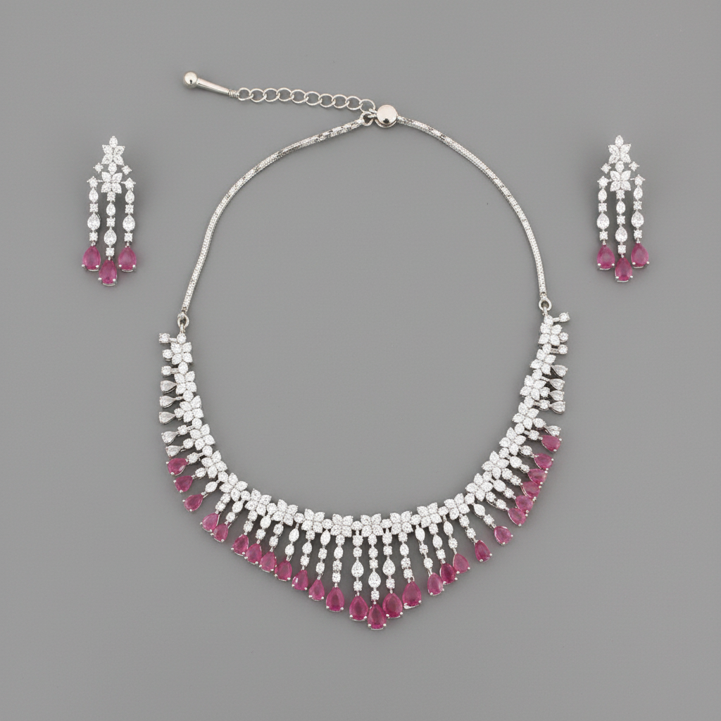 Magenta Rajashri American Diamond Necklace set