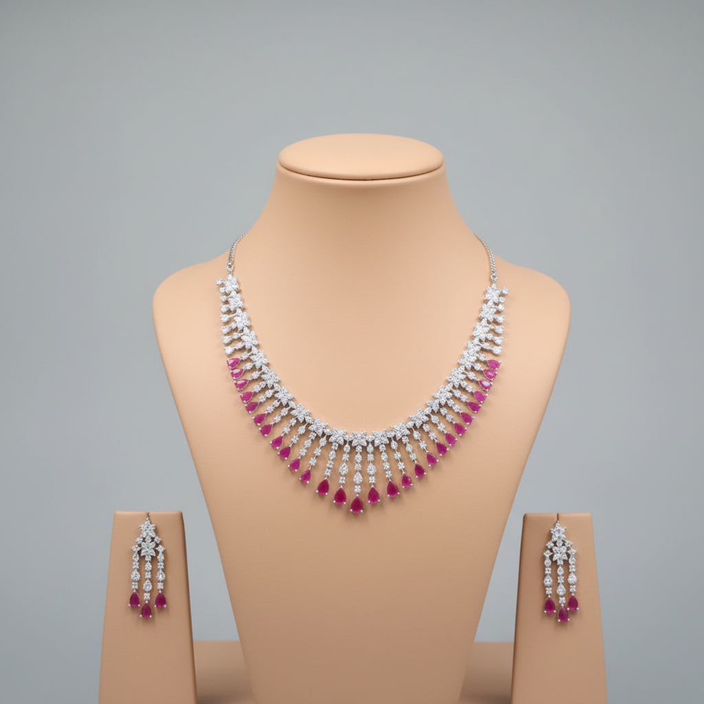 Magenta Rajashri American Diamond Necklace set