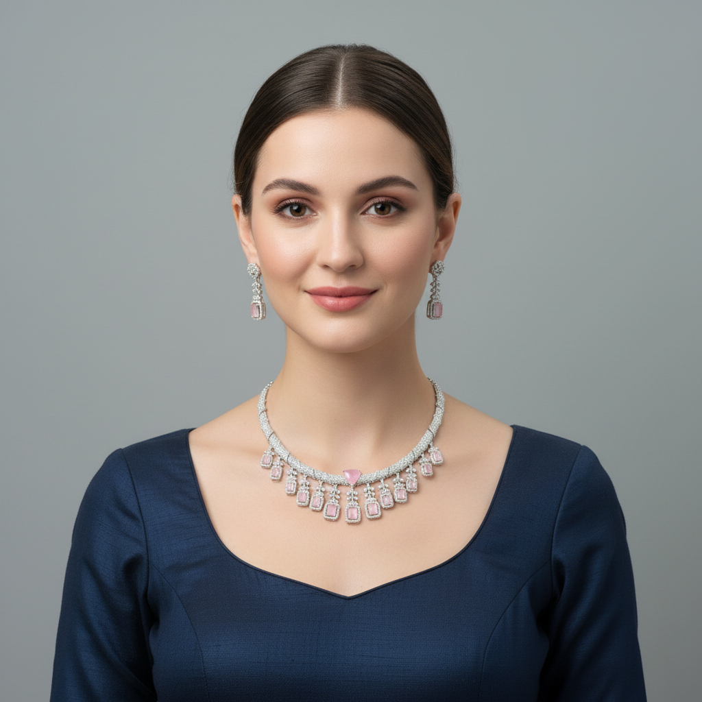 Pink Anupama American Diamond Hasli Necklace set