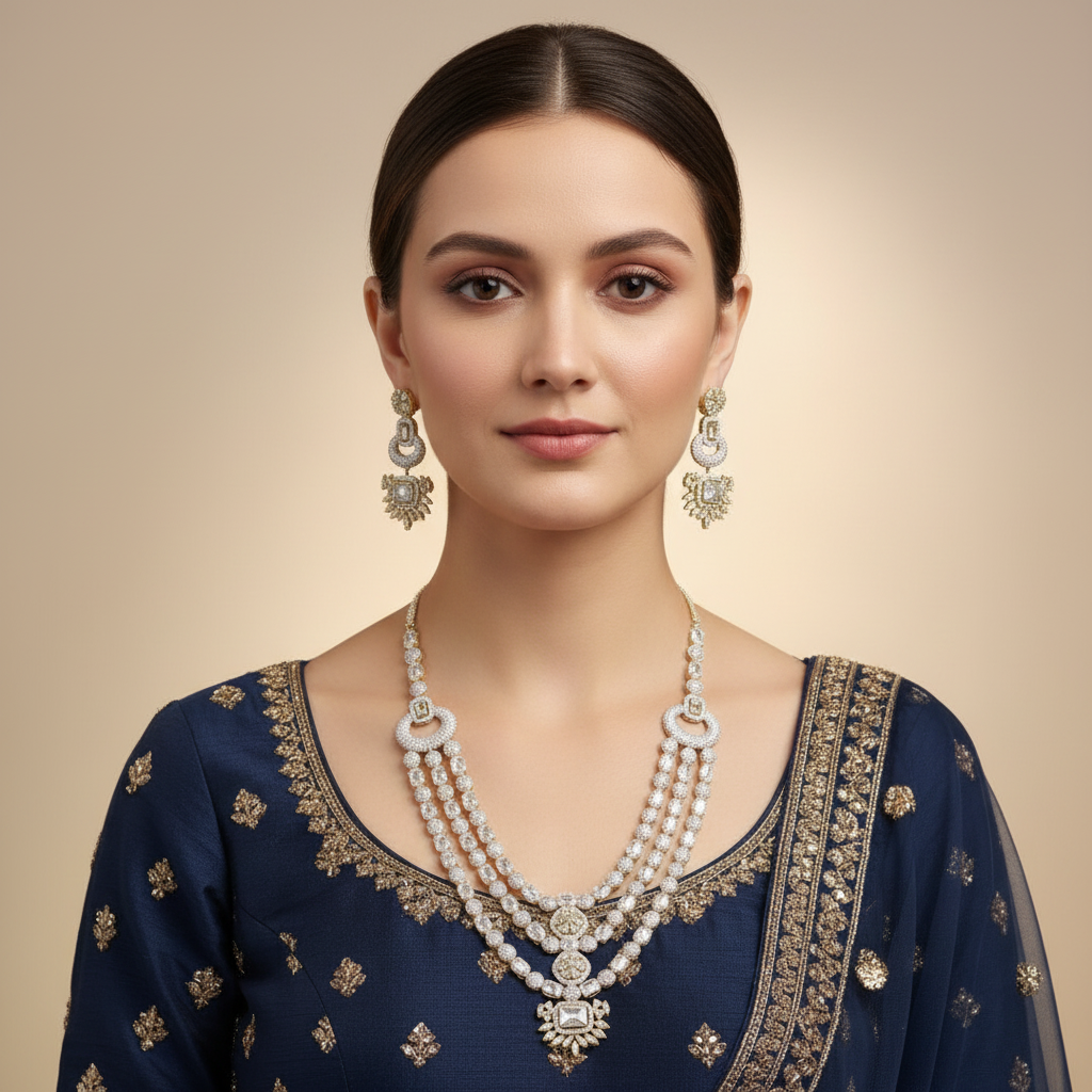 Golden Nityaprabha American Diamond Necklace set