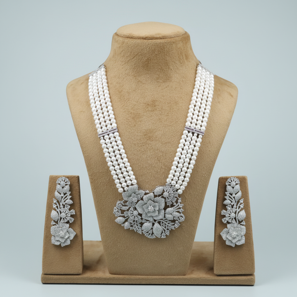 Silvery Shubra American Diamond Necklace set