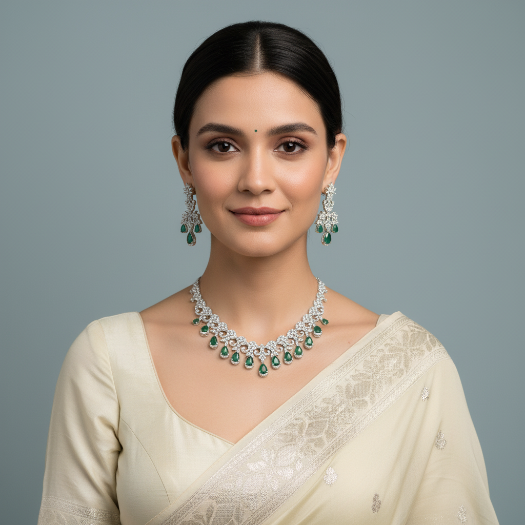 Emerald Tarangini American Diamond Necklace set