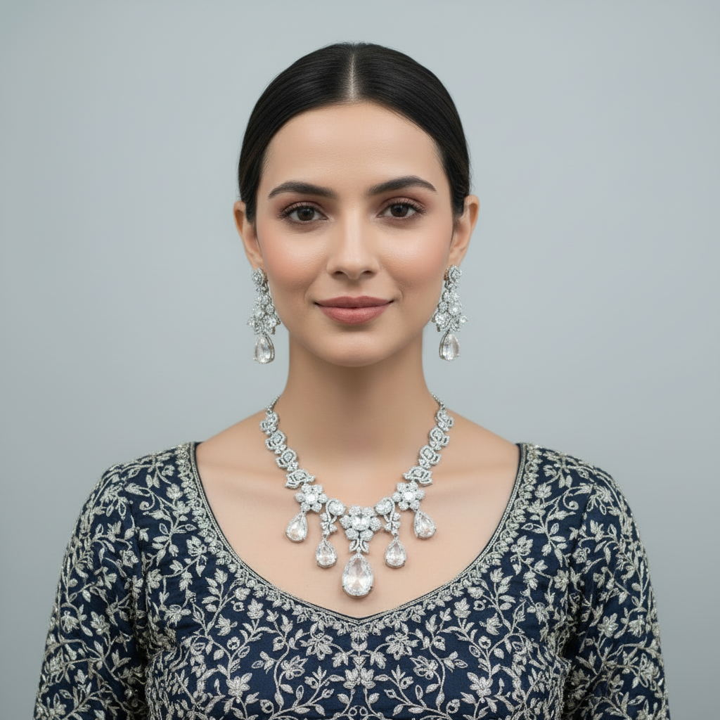 Silvery Suprabha American Diamond Necklace set