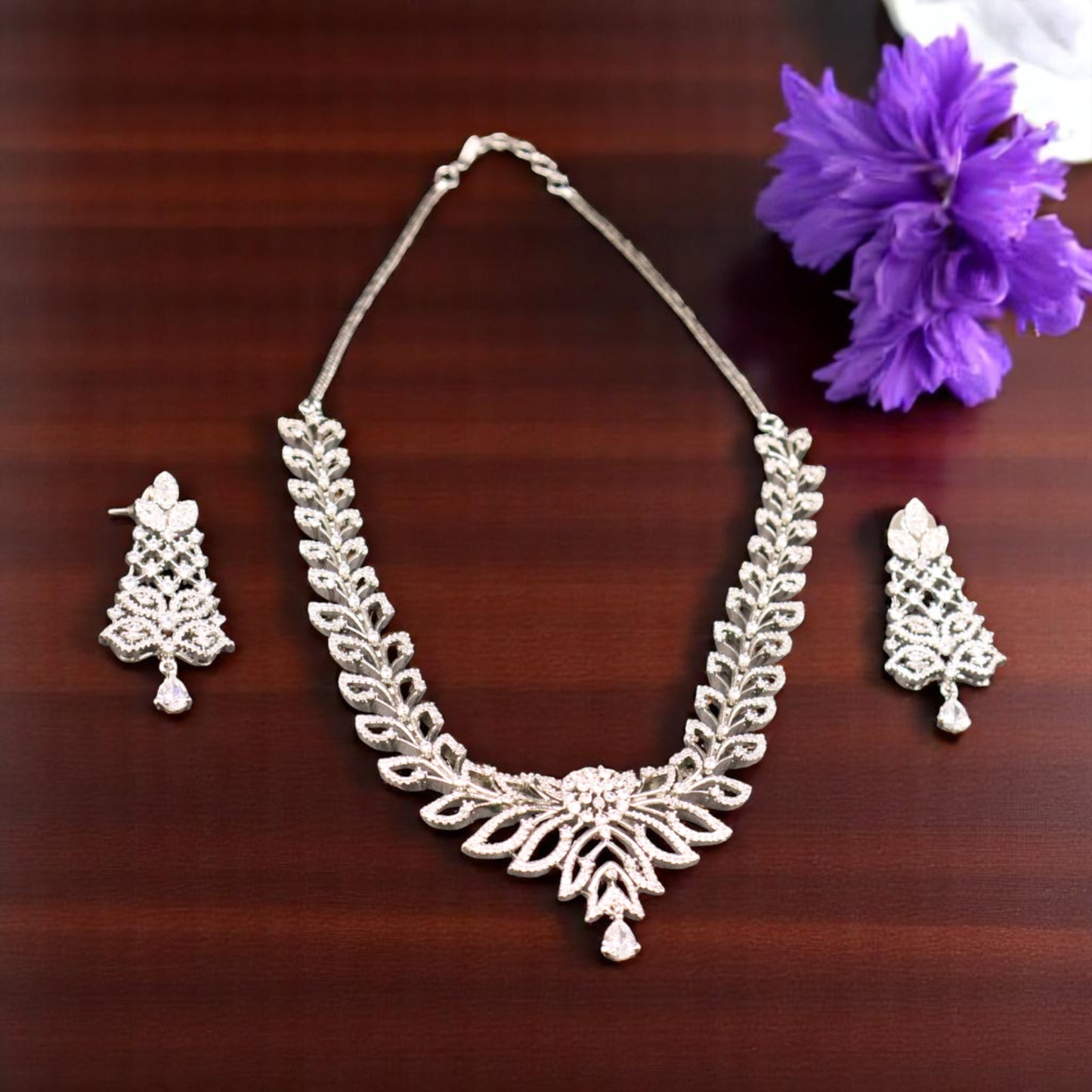 Silvery Swarnarekha American Diamond Necklace set