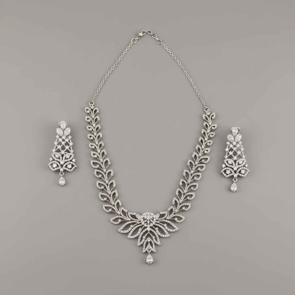Silvery Swarnarekha American Diamond Necklace set