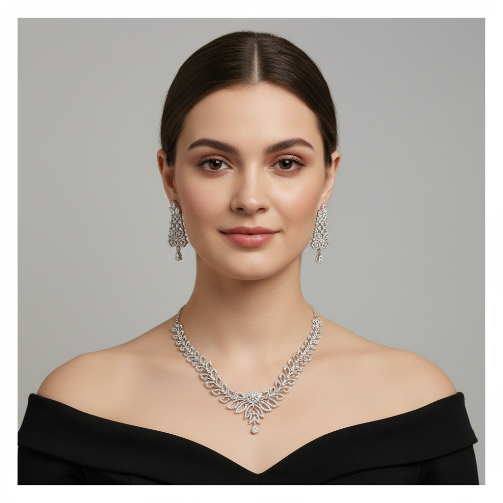 Silvery Swarnarekha American Diamond Necklace set