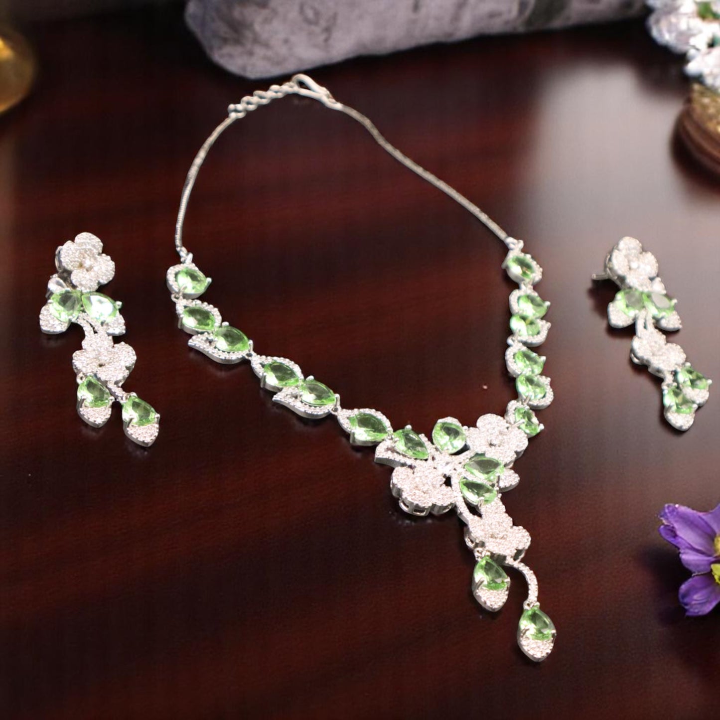 Pista Green Vasudhara American Diamond Necklace set