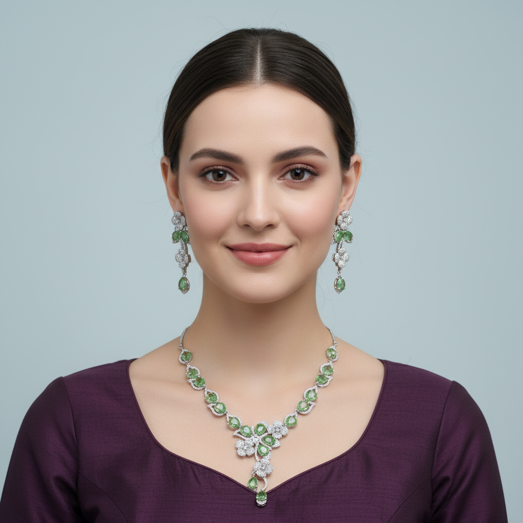 Pista Green Vasudhara American Diamond Necklace set