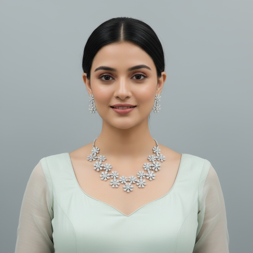 Silvery Arundhati American Diamond Necklace set