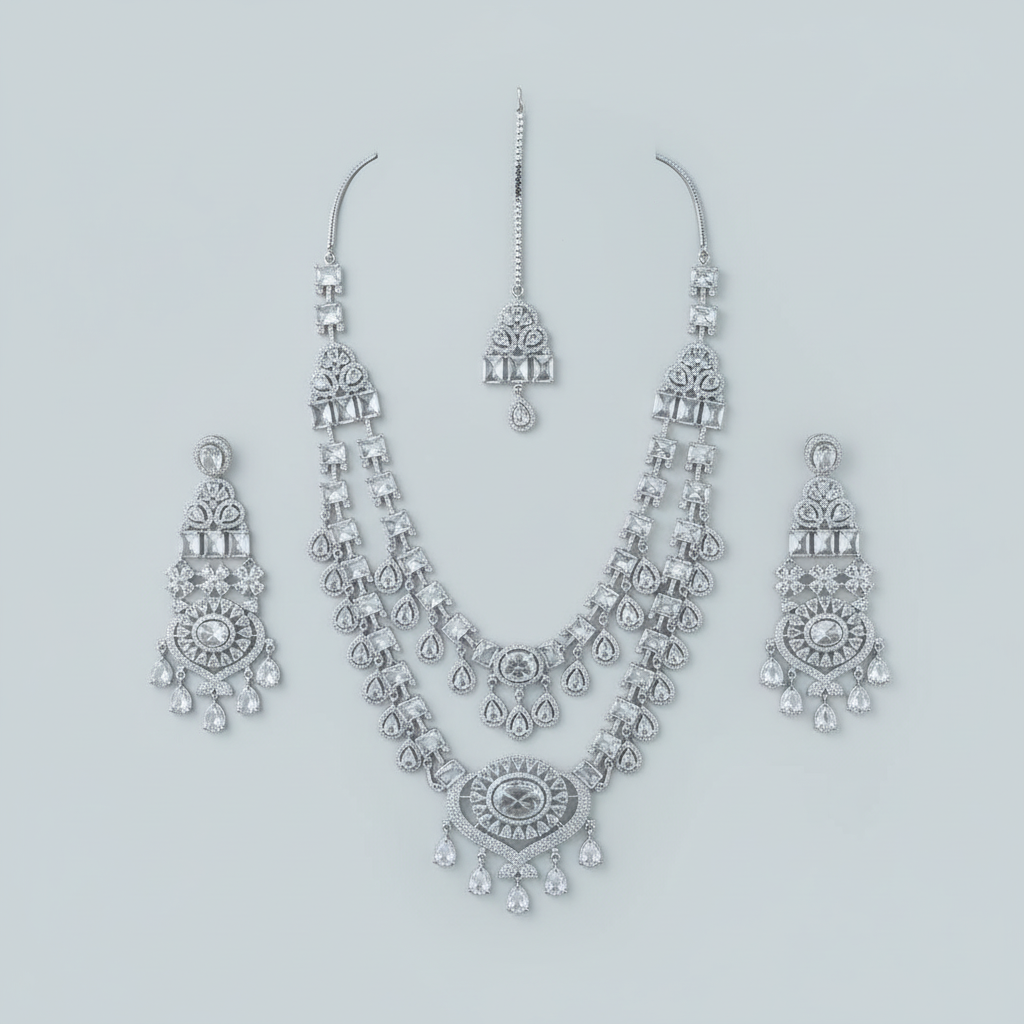 Silvery Anuradha American Diamond Necklace set with Maangtika