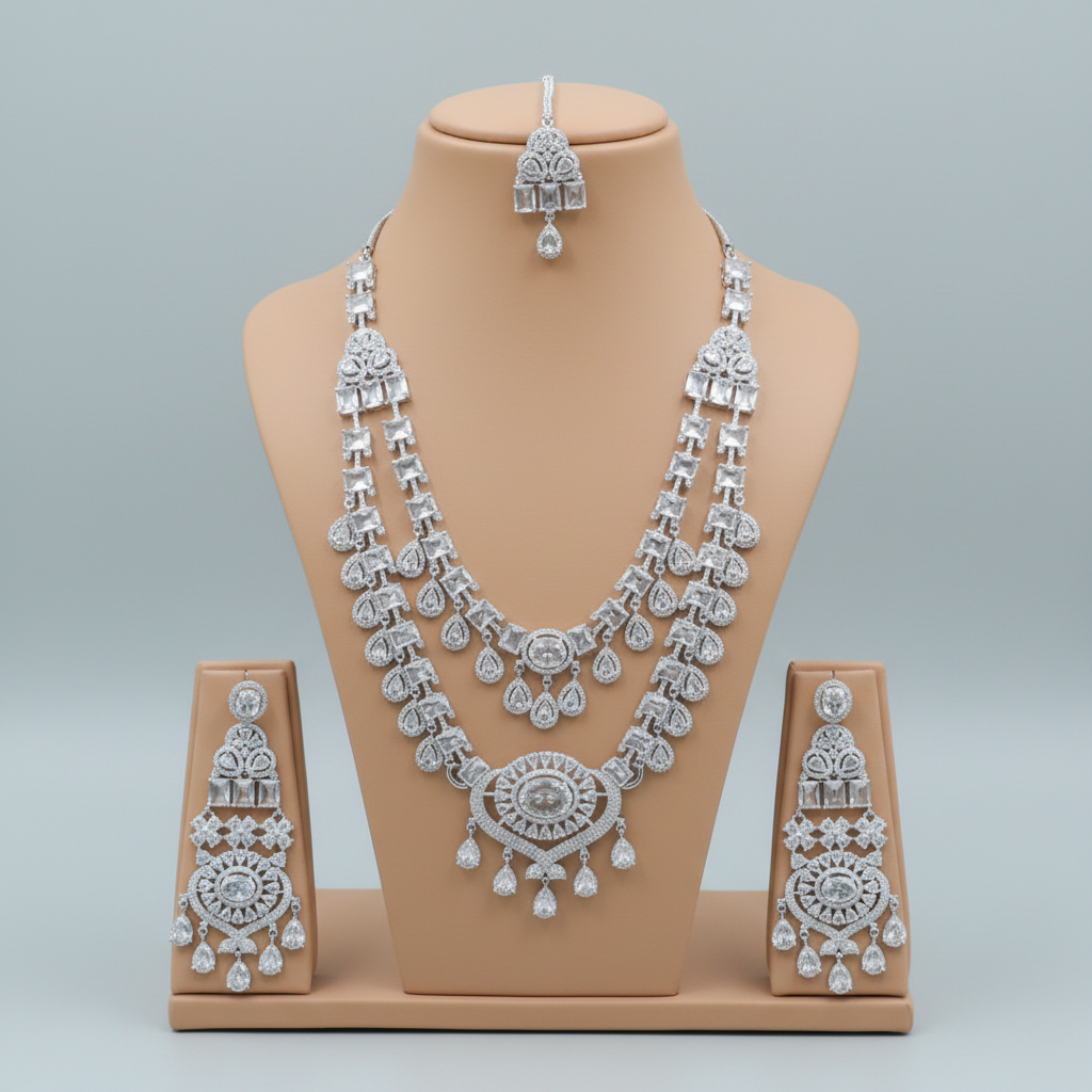 Silvery Anuradha American Diamond Necklace set with Maangtika