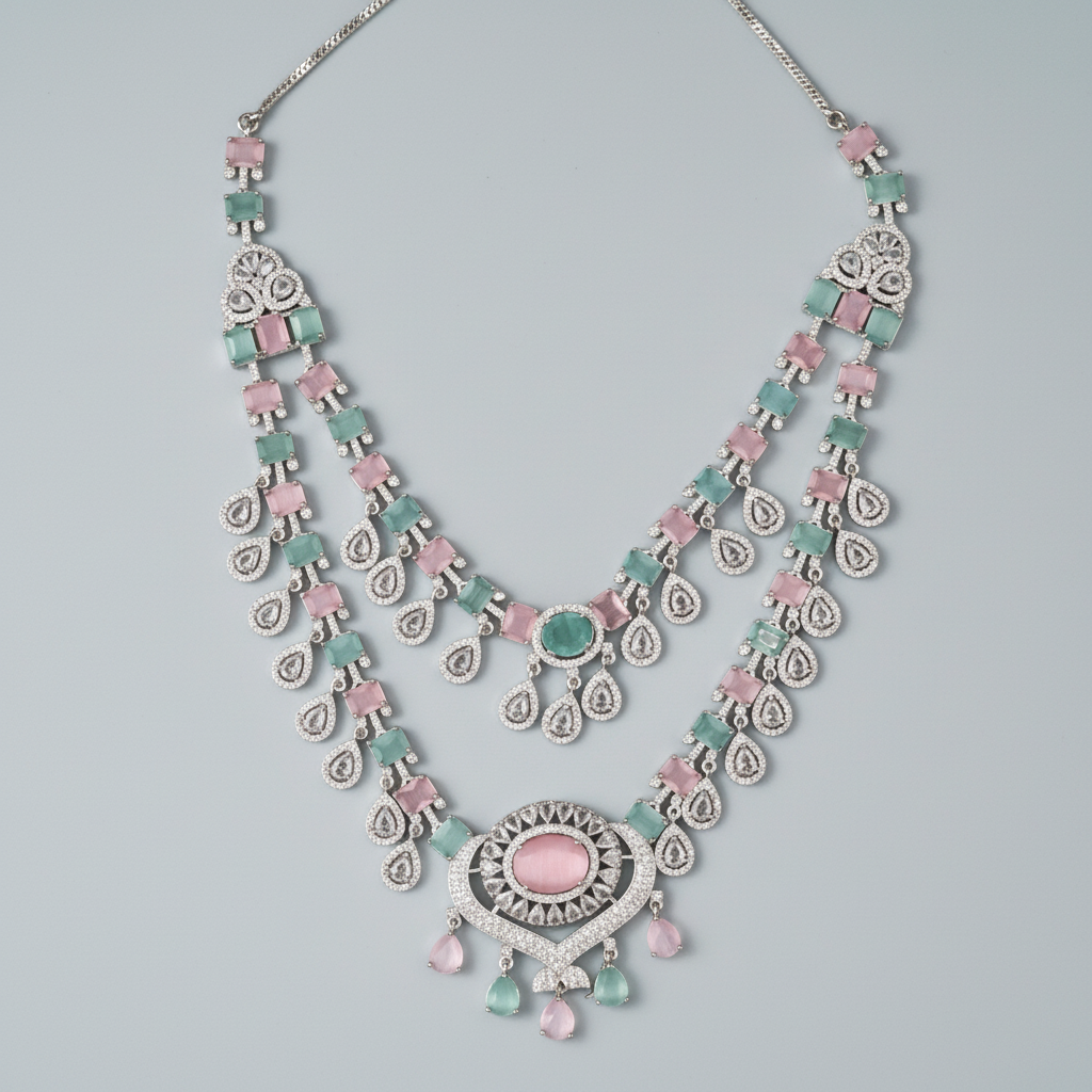 Multicolor Anuradha American Diamond Necklace set with Maangtika