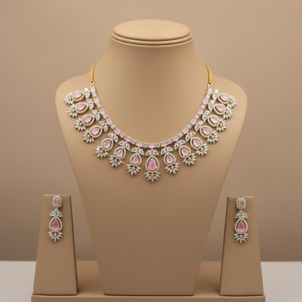 Pink Tarakeshwari American Diamond Necklace set