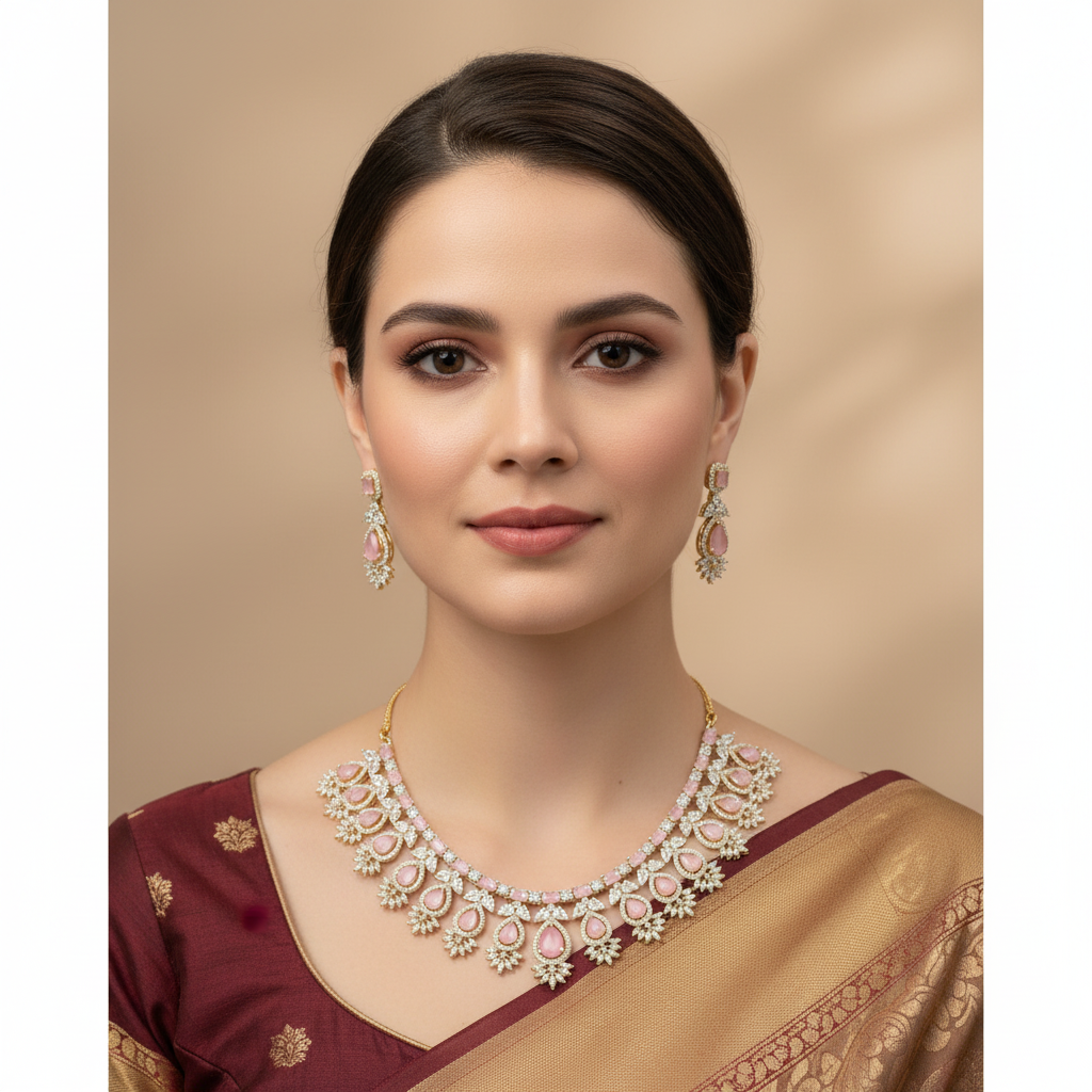 Pink Tarakeshwari American Diamond Necklace set