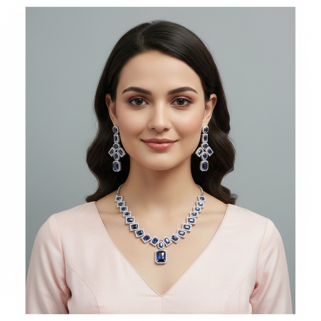 Royal Blue Bhavani American Diamond Necklace set
