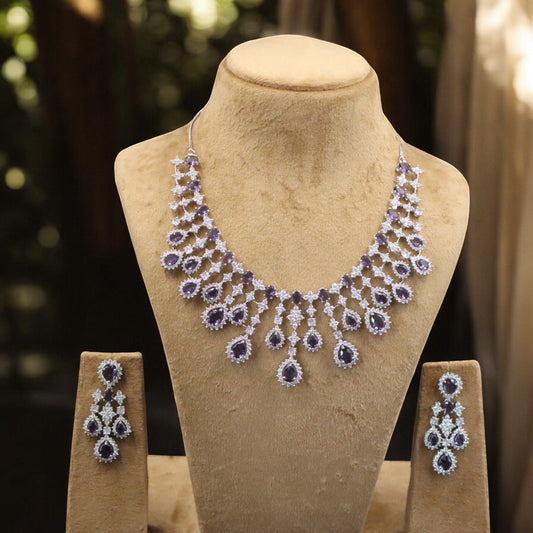 Purple Triveni American Diamond Necklace set