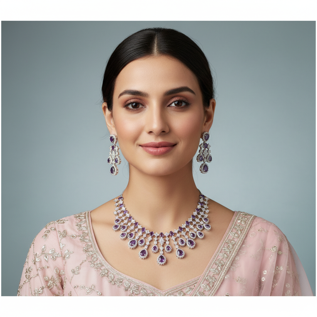 Purple Triveni American Diamond Necklace set