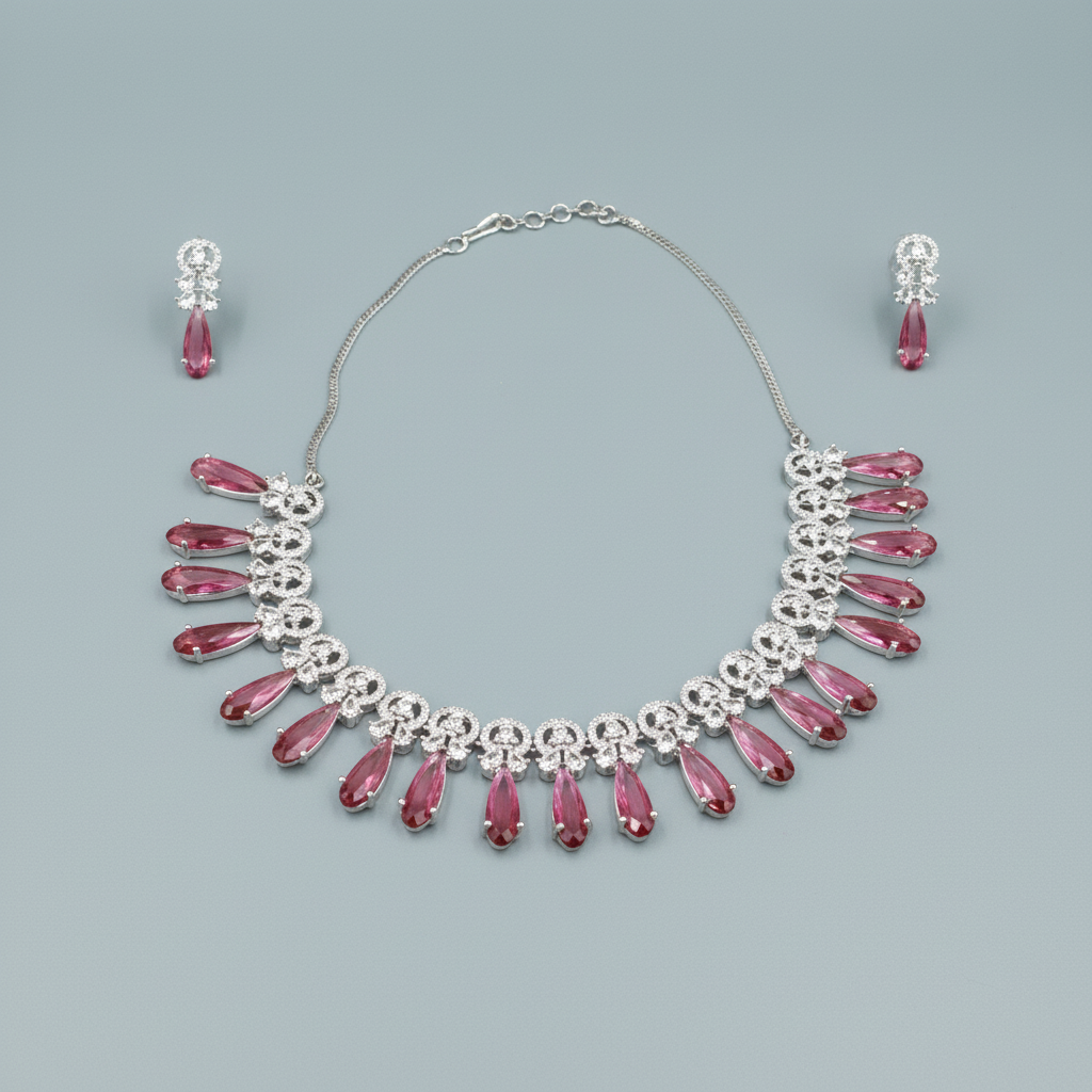 Dark Pink Nayanika American Diamond Necklace set