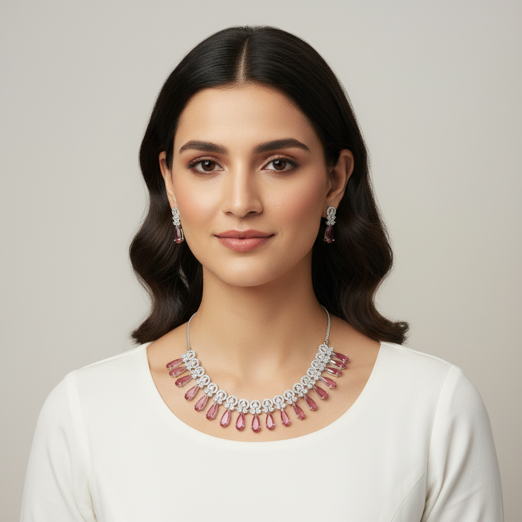 Dark Pink Nayanika American Diamond Necklace set
