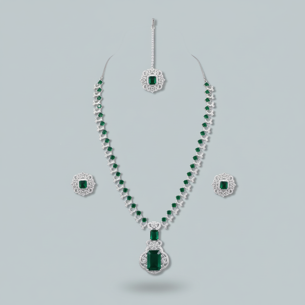 Emerald Rani American Diamond Necklace set (with Maangtika)