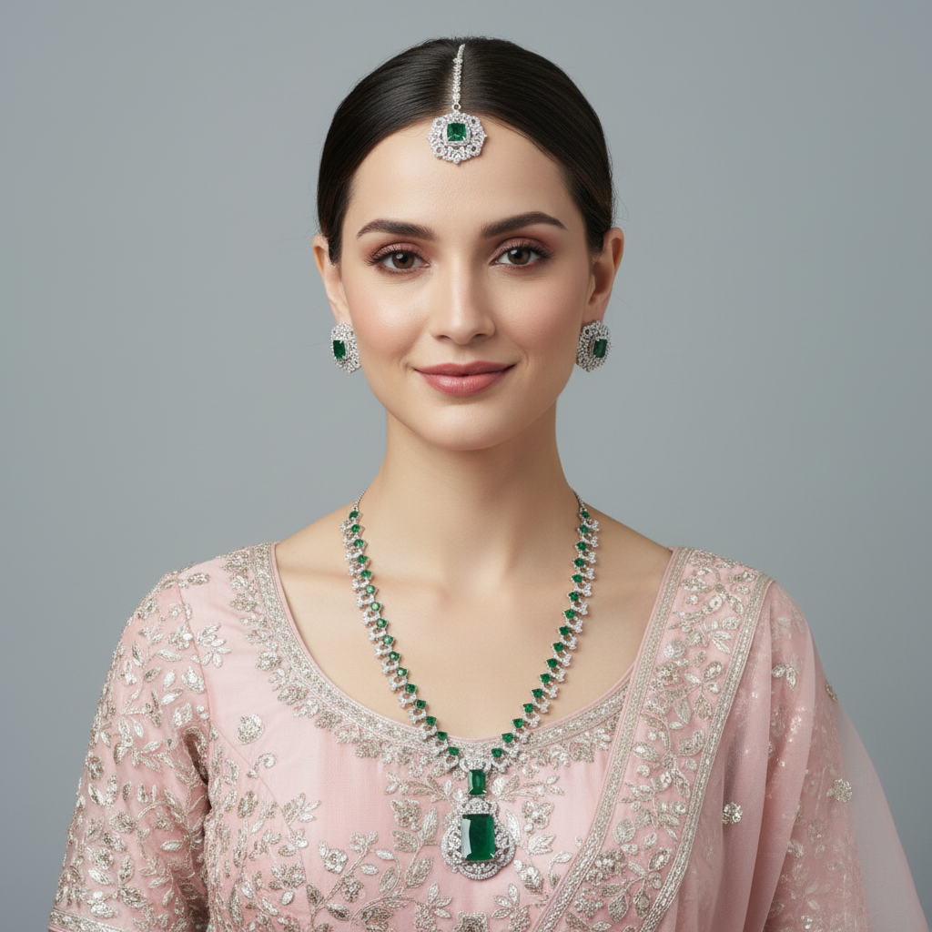 Emerald Rani American Diamond Necklace set (with Maangtika)