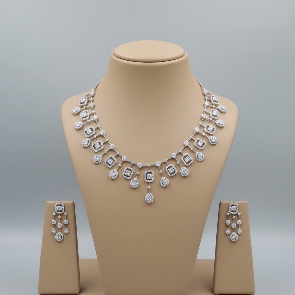 Silvery Madhulika American Diamond Necklace set