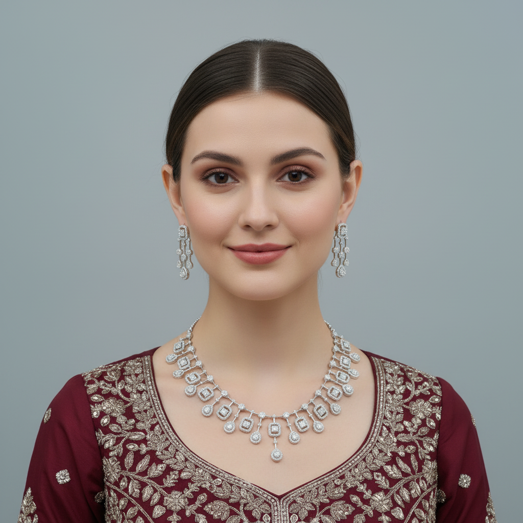 Silvery Madhulika American Diamond Necklace set
