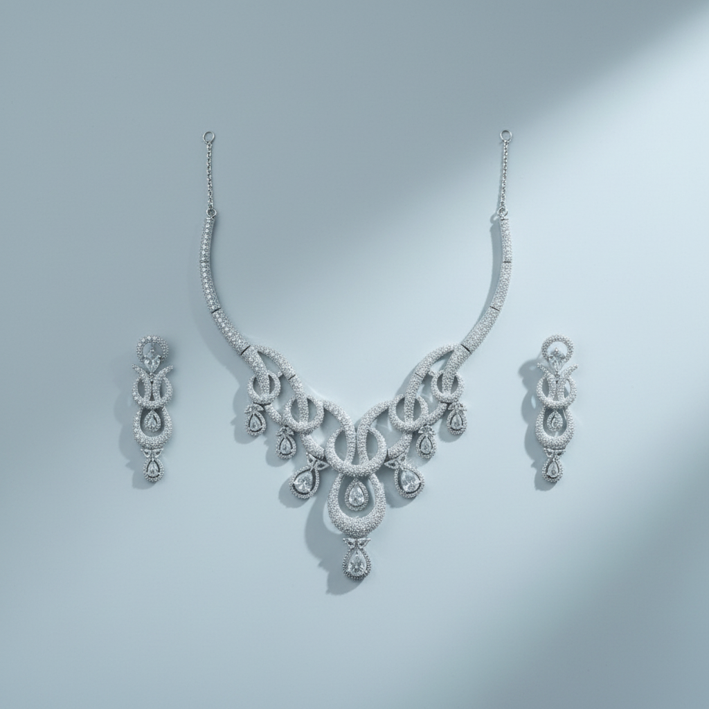 Silvery Amrita American Diamond Necklace set