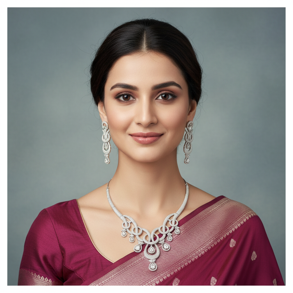 Silvery Amrita American Diamond Necklace set